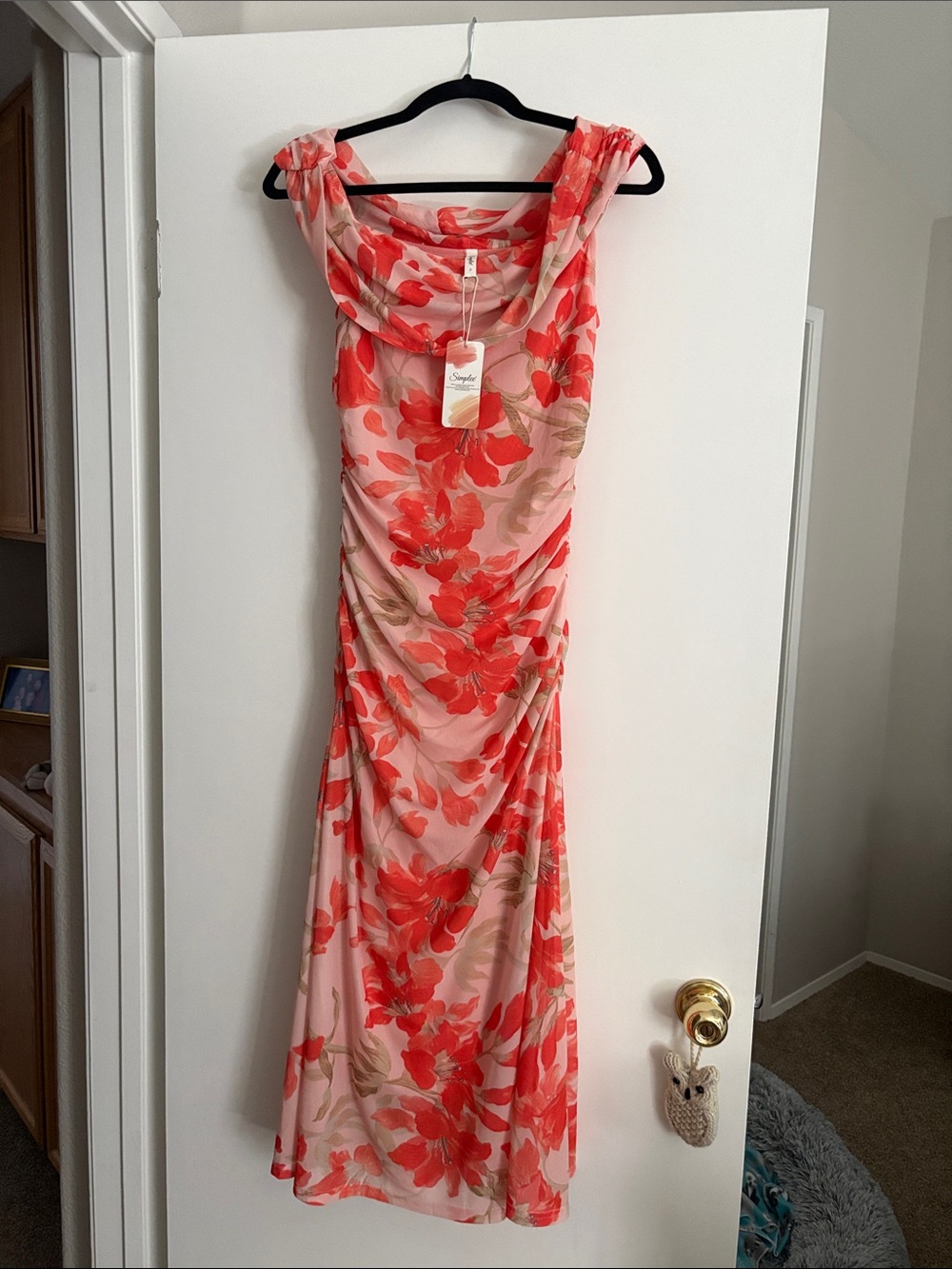 Coral Floral Cowl-Neck Maxi Dress